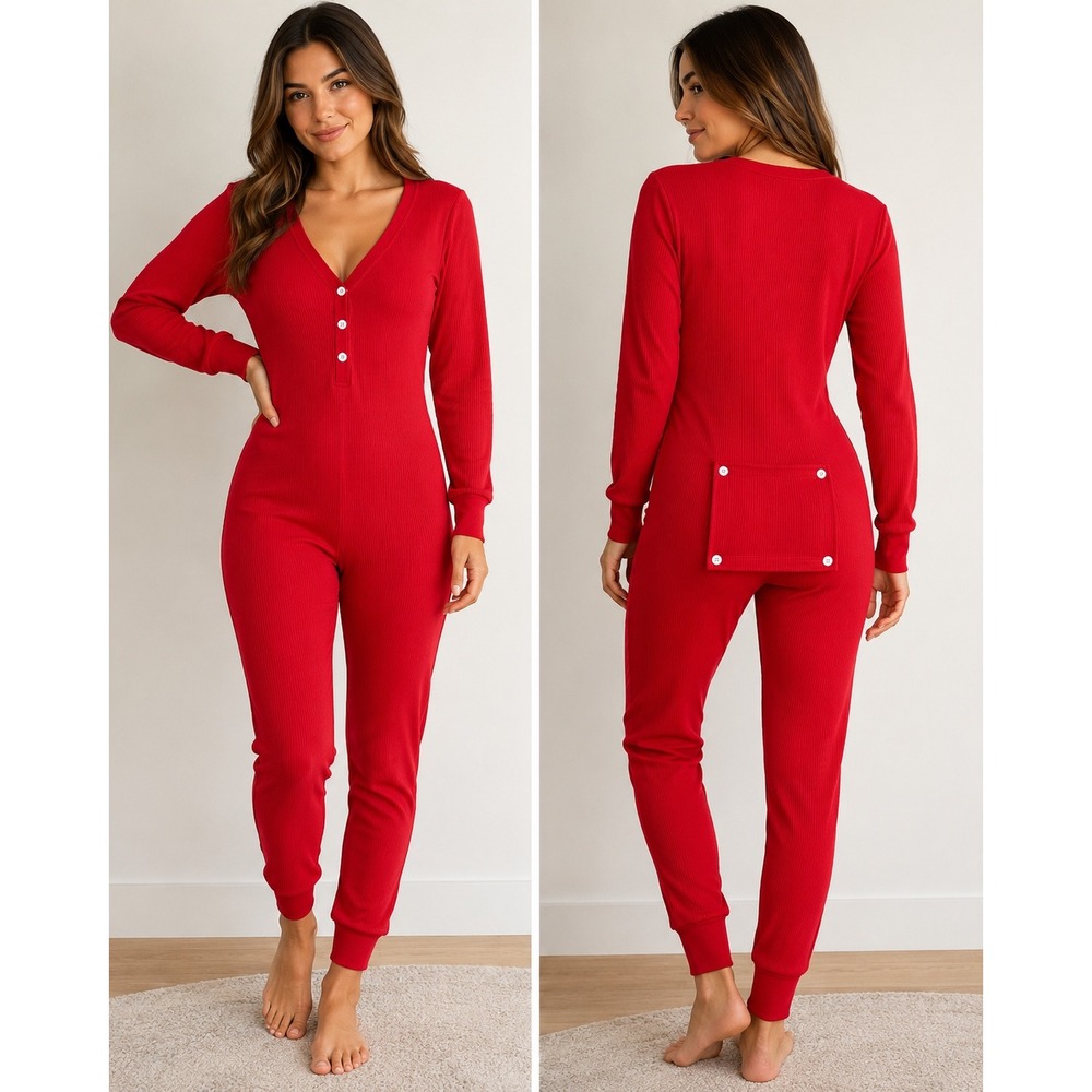 Womens Red Ribbed one pc Suit Pajamas Button Back L new funny Christmas nwt‎